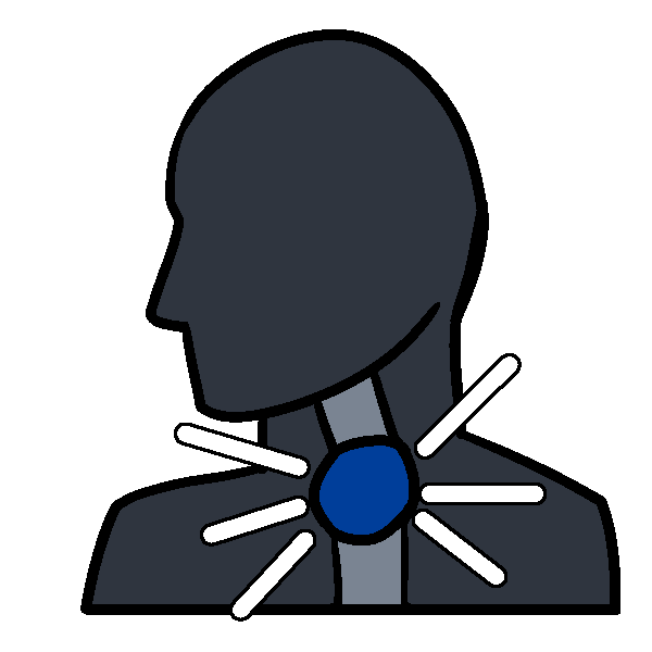 A drawing of a head and throat in profile. Inside the esophagus is a blue circle, causing the esophagus to bulge, with white emphasis lines around it.